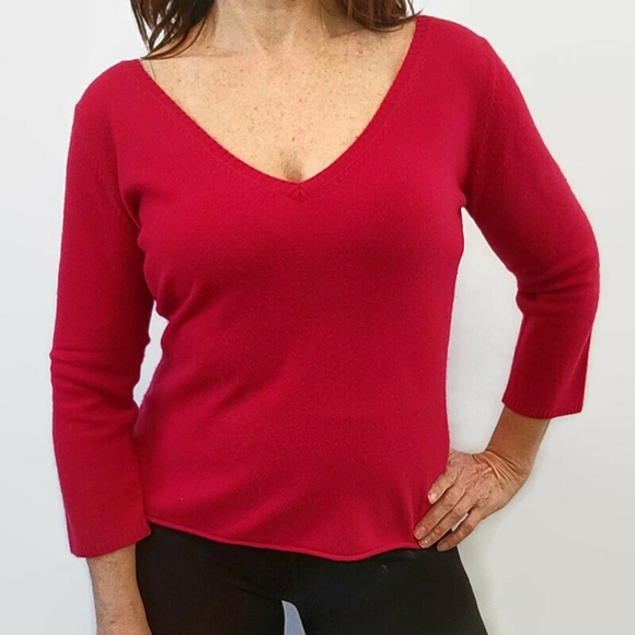 Garnet Hill Cashmere Red V-Neck Sweater - Picture 12 of 12